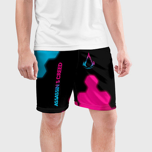 Мужские спортивные шорты Assassins Creed - neon gradient: надпись, символ / 3D-принт – фото 3