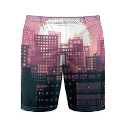 Мужские спортивные шорты Пиксельный пейзаж города - закат