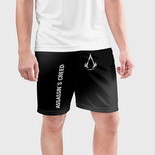 Мужские спортивные шорты Assassins Creed glitch на темном фоне: надпись, си / 3D-принт – фото 3