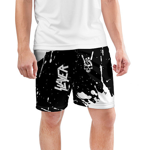 Мужские спортивные шорты Slayer и рок символ на темном фоне / 3D-принт – фото 3