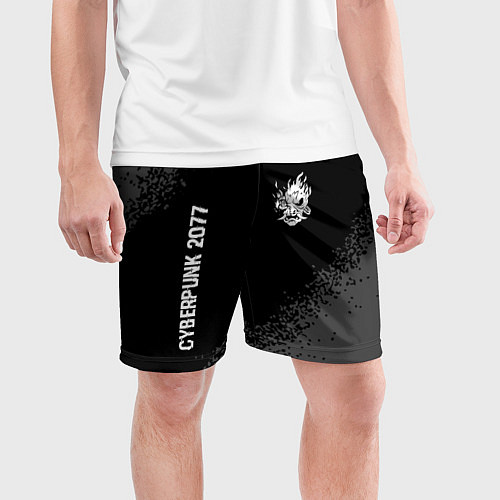 Мужские спортивные шорты Cyberpunk 2077 glitch на темном фоне: надпись, сим / 3D-принт – фото 3