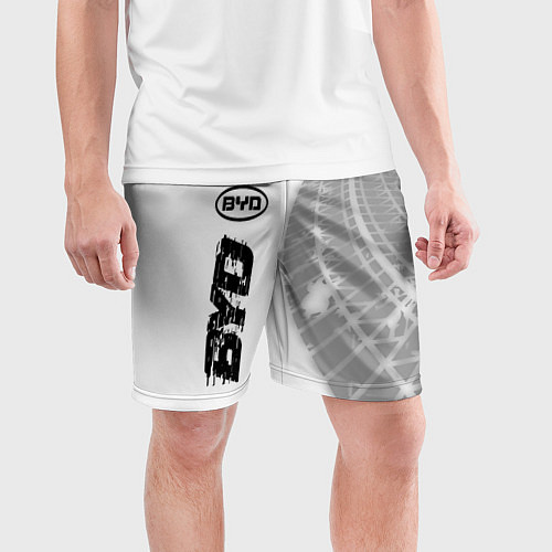 Мужские спортивные шорты BYD speed на светлом фоне со следами шин: по-верти / 3D-принт – фото 3