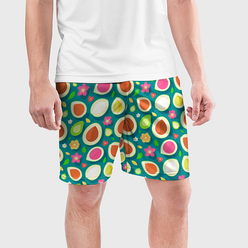 Мужские спортивные шорты Текстура авокадо и цветы / 3D-принт – фото 3