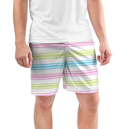 Мужские спортивные шорты Розовые и бирюзовые полосы на белом / 3D-принт – фото 3