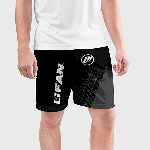 Мужские спортивные шорты Lifan speed на темном фоне со следами шин: надпись / 3D-принт – фото 3