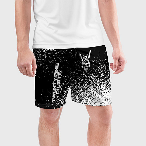Мужские спортивные шорты Twenty One Pilots и рок символ на темном фоне / 3D-принт – фото 3