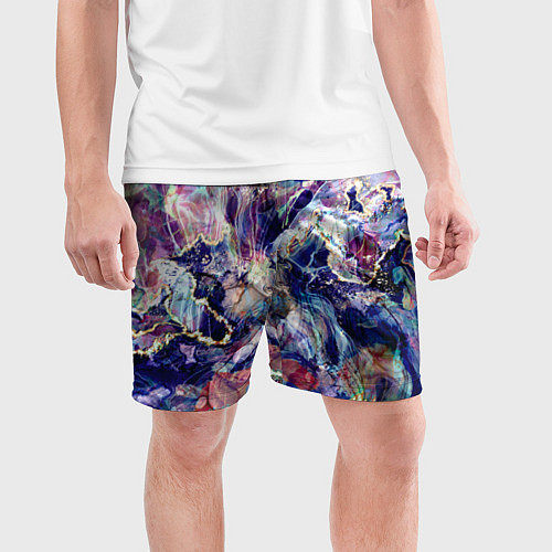 Мужские спортивные шорты Синий флюид, чернильные разводы с блестящими прожи / 3D-принт – фото 3