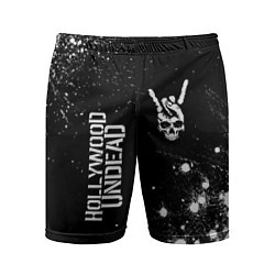 Шорты спортивные мужские Hollywood Undead и рок символ на темном фоне, цвет: 3D-принт