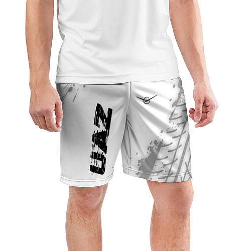 Мужские спортивные шорты UAZ speed на светлом фоне со следами шин: надпись, / 3D-принт – фото 3
