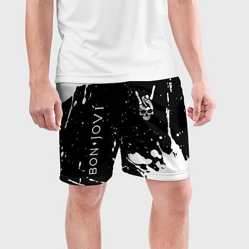 Мужские спортивные шорты Bon Jovi и рок символ на темном фоне / 3D-принт – фото 3