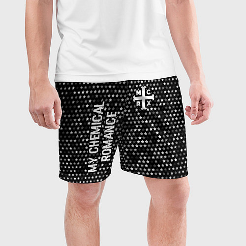 Мужские спортивные шорты My Chemical Romance glitch на темном фоне: надпись / 3D-принт – фото 3