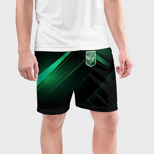 Мужские спортивные шорты Герб РФ зеленый черный фон / 3D-принт – фото 3