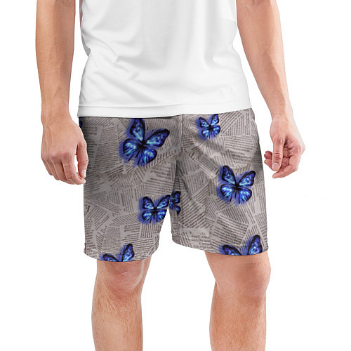 Мужские спортивные шорты Газетные обрывки и синие бабочки / 3D-принт – фото 3