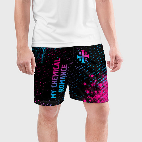 Мужские спортивные шорты My Chemical Romance - neon gradient: надпись, симв / 3D-принт – фото 3