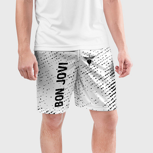 Мужские спортивные шорты Bon Jovi glitch на светлом фоне: надпись, символ / 3D-принт – фото 3
