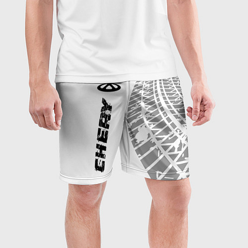 Мужские спортивные шорты Chery speed на светлом фоне со следами шин: по-вер / 3D-принт – фото 3
