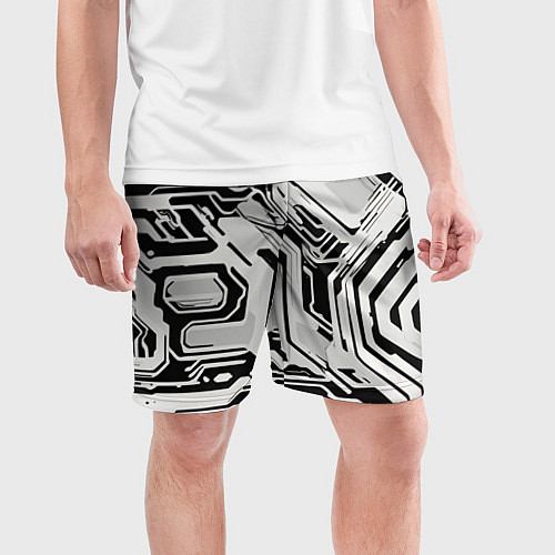 Мужские спортивные шорты Киберпанк белые полосы на чёрном фоне / 3D-принт – фото 3