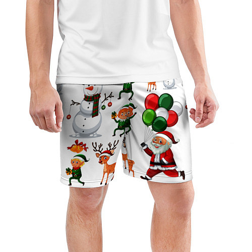 Мужские спортивные шорты Зимний праздник - деды морозы гномы олени / 3D-принт – фото 3