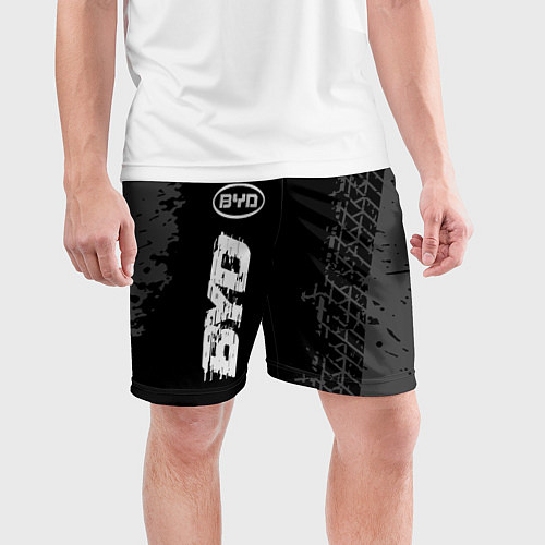 Мужские спортивные шорты BYD speed на темном фоне со следами шин: по-вертик / 3D-принт – фото 3