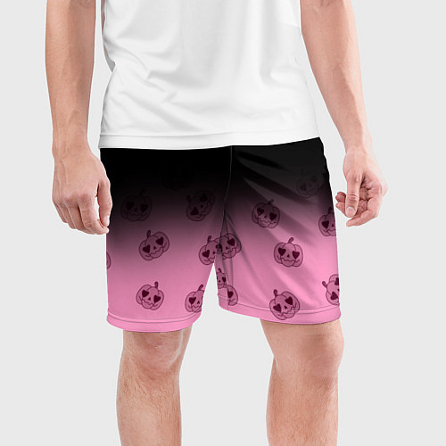 Мужские спортивные шорты Черно-розовый градиент и хэллоуинские тыквы паттер / 3D-принт – фото 3