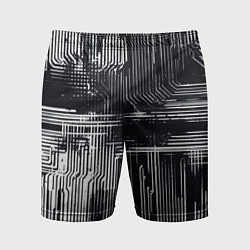 Мужские спортивные шорты Белые полосы на чёрном фоне киберпанк
