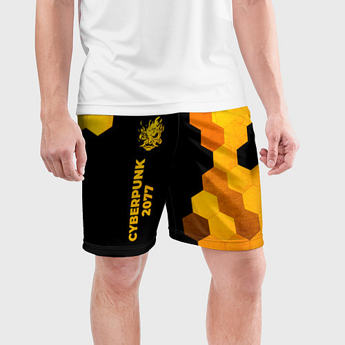 Мужские спортивные шорты Cyberpunk 2077 - gold gradient по-вертикали / 3D-принт – фото 3