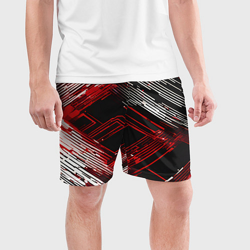 Мужские спортивные шорты Киберпанк линии белые и красные / 3D-принт – фото 3