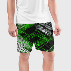 Шорты спортивные мужские Киберпанк линии белые и зелёные, цвет: 3D-принт — фото 2