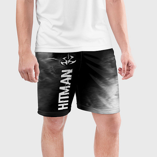 Мужские спортивные шорты Hitman glitch на темном фоне по-вертикали / 3D-принт – фото 3