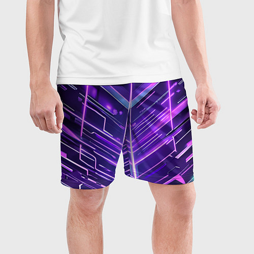 Мужские спортивные шорты Фиолетовые неон полосы киберпанк / 3D-принт – фото 3