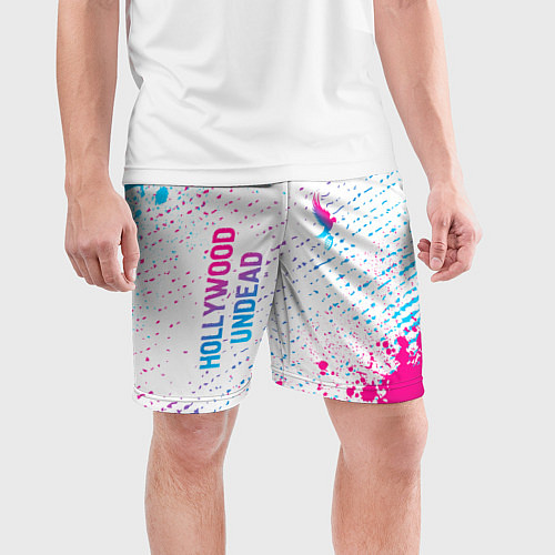 Мужские спортивные шорты Hollywood Undead neon gradient style вертикально / 3D-принт – фото 3