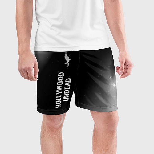 Мужские спортивные шорты Hollywood Undead glitch на темном фоне по-вертикал / 3D-принт – фото 3