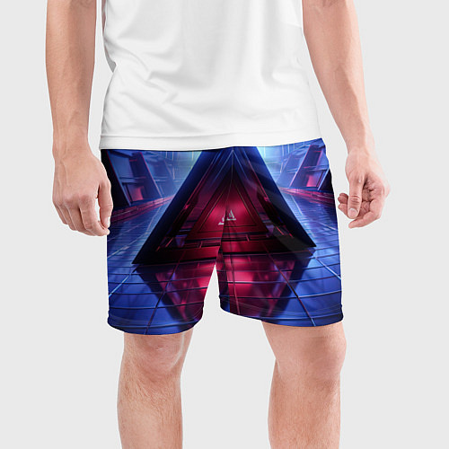 Мужские спортивные шорты Фиолетовое свечение за треугольной абстракцией / 3D-принт – фото 3
