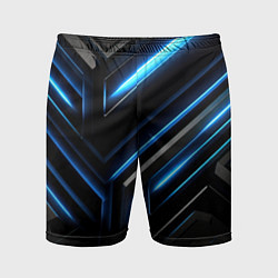 Шорты спортивные мужские Черный абстрактный фон и синие неоновые вставки, цвет: 3D-принт