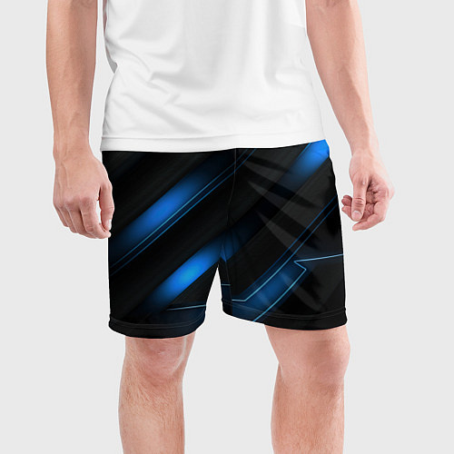 Мужские спортивные шорты Синий неоновый яркий свет на черном абстрактном фо / 3D-принт – фото 3