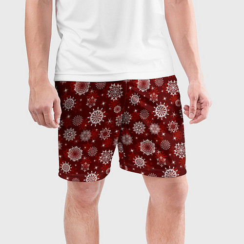 Мужские спортивные шорты Snowflakes on a red background / 3D-принт – фото 3
