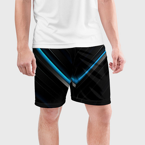 Мужские спортивные шорты Черная абстракция с синим неоновым ярким свечением / 3D-принт – фото 3