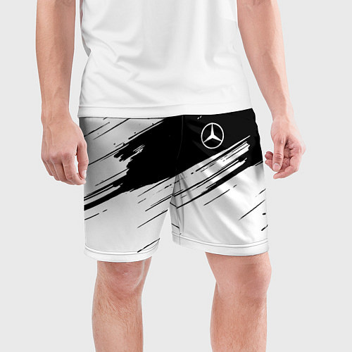 Мужские спортивные шорты Mercedes benz краски чернобелая геометрия / 3D-принт – фото 3