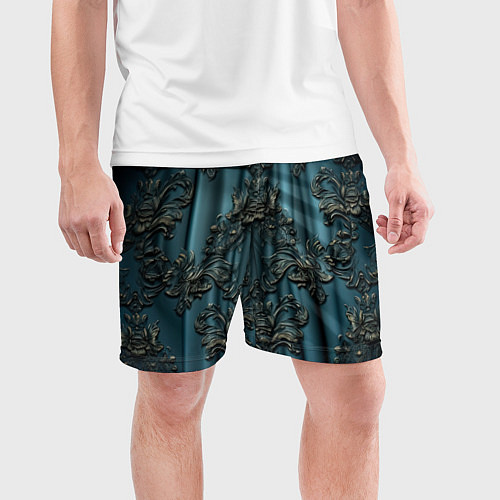 Мужские спортивные шорты Синий шелк с золотой лепниной / 3D-принт – фото 3