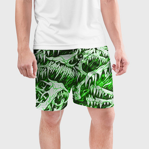 Мужские спортивные шорты Белые клыки на зелёном фоне / 3D-принт – фото 3
