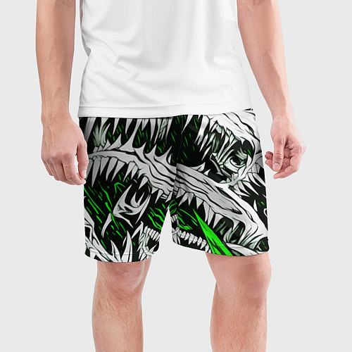 Мужские спортивные шорты Белые шипы и зелёные полосы на чёрном фоне / 3D-принт – фото 3