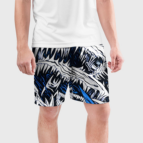 Мужские спортивные шорты Белые шипы и синие полосы на чёрном фоне / 3D-принт – фото 3
