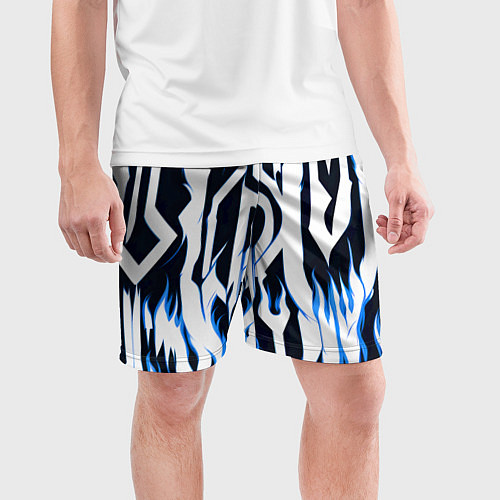 Мужские спортивные шорты Белые полосы и синее пламя / 3D-принт – фото 3