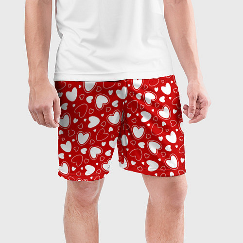 Мужские спортивные шорты Белые сердечки на красном фоне / 3D-принт – фото 3