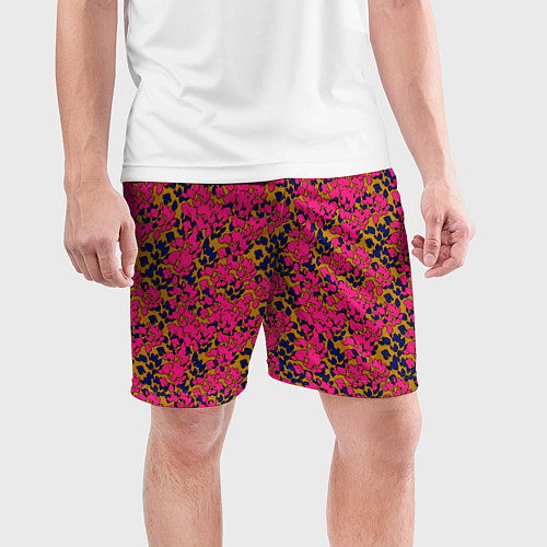 Мужские спортивные шорты Взаимосвязанные листочки, розового жёлтого и синег / 3D-принт – фото 3