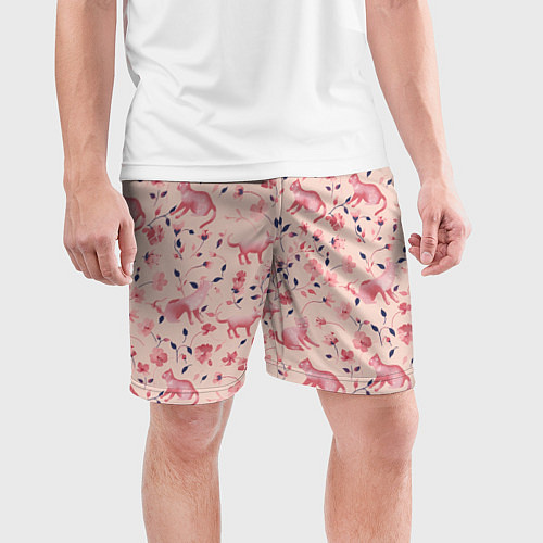 Мужские спортивные шорты Розовый паттерн с цветами и котиками / 3D-принт – фото 3