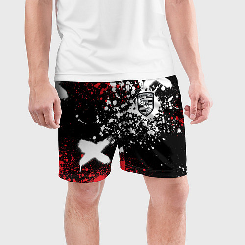 Мужские спортивные шорты Логотип Порше на фоне граффити и брызг красок / 3D-принт – фото 3