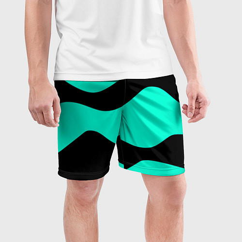 Мужские спортивные шорты Бирюзовый в чёрные волнистые полосы абстракция / 3D-принт – фото 3