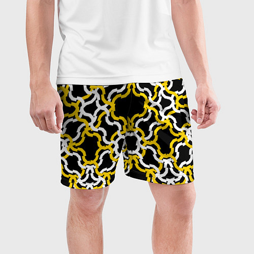 Мужские спортивные шорты Жёлто-белые полосы на чёрном фоне / 3D-принт – фото 3