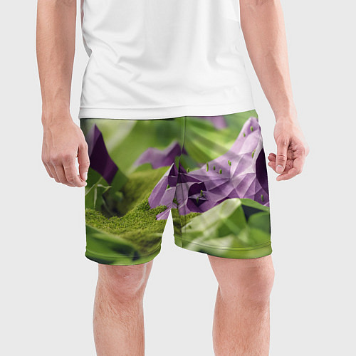 Мужские спортивные шорты Геометрический пейзаж фиолетовый и зеленый / 3D-принт – фото 3